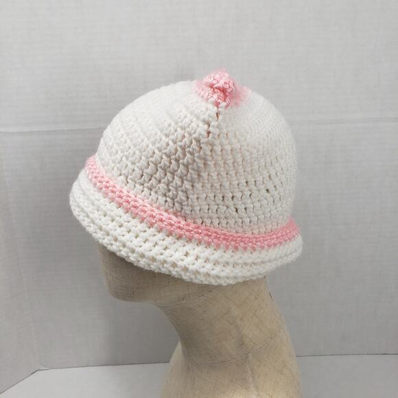 Cat Ear Beanie Crochet Hat White Pink Stripe Handmade Knit Kitty Soft Winter - Picture 4 of 16